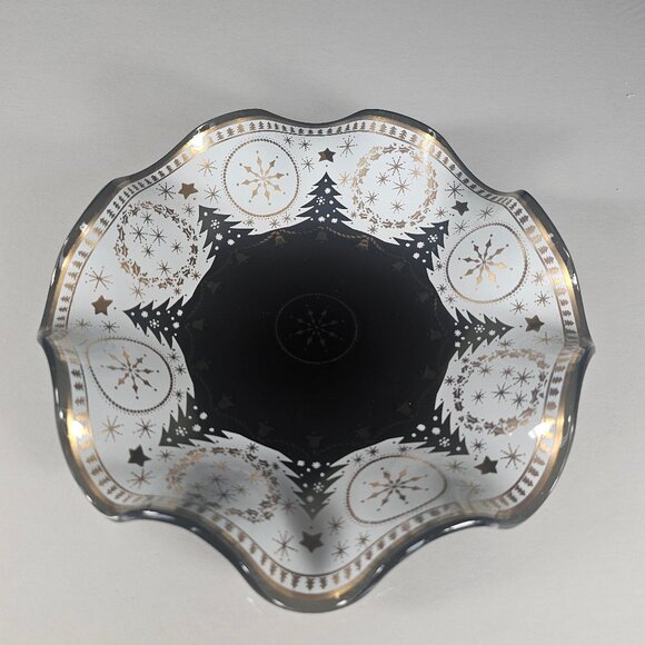 Houze Art Christmas Smokey Glass White And Gold MCM Ruffled Christmas Trees Dish - Picture 3 of 8